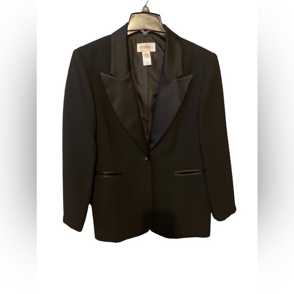 Studio I  Black Satin Collared Tuxedo Blazer Jacket Size 14 - Picture 2 of 11